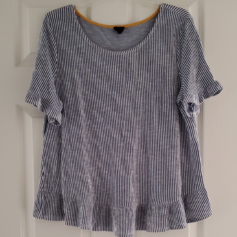 W5 Blue and White Striped Ruffle Blouse